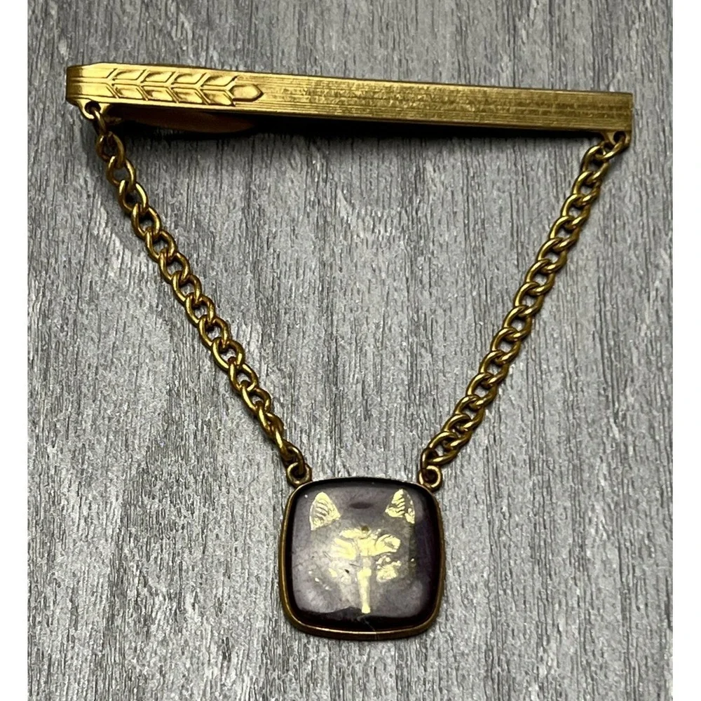 Vintage Hickok Gold Tone Tie Clasp Chain Bar Wolf Head Enamel Men's Jewelry